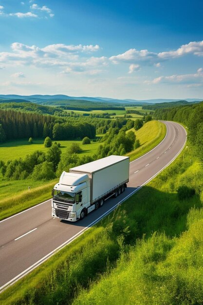 un camion blanc descend une route avec un champ d'herbe et d'arbres