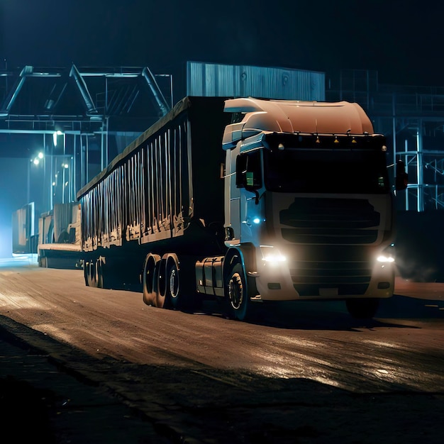 Un camion blanc nocturne livre des marchandises à un entrepôt d'acier