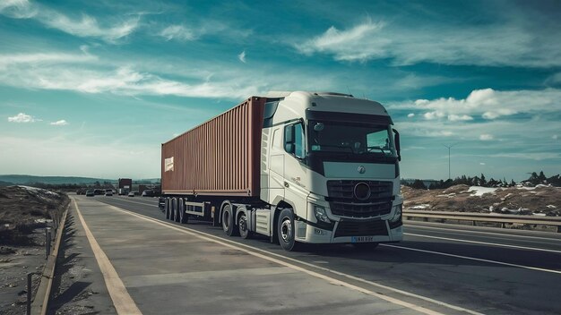 Camion blanc sur route avec conteneur transportant des transports terrestres