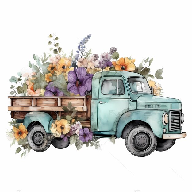 Un camion bleu avec un bouquet de fleurs dessus