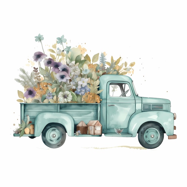 Un camion bleu avec des fleurs à l'arrière