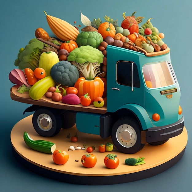 Un camion bleu avec un gros tas de fruits dessus.