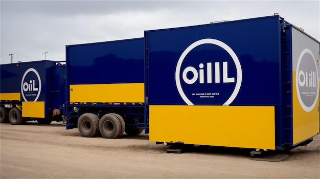 Un camion bleu et jaune avec le logo d'oill sur le côté.