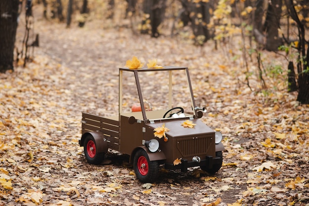 Camion en bois pour enfants dans le parc en automne