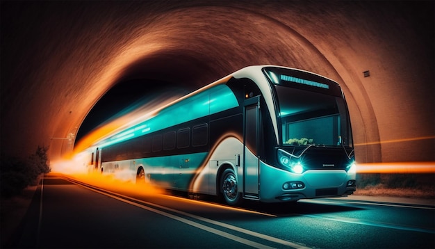 camion bus voiture électrique du futur roule sur la route dans le tunnel AI générative