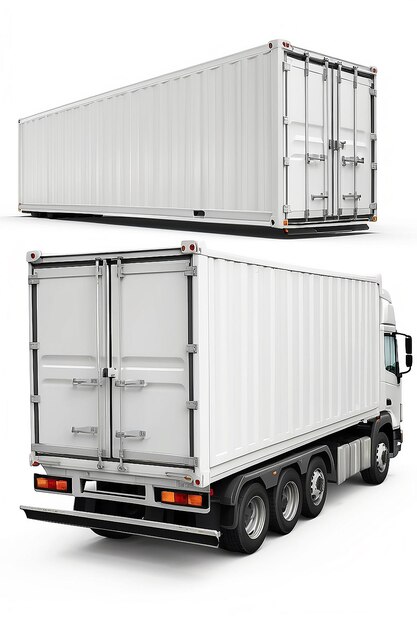 Camion ou camion de remorque logistique avec conteneur vide ouvert sur fond blanc