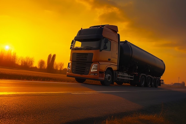 Un camion cargo avec un beau coucher de soleil