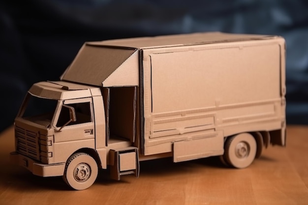 Un camion en carton avec la porte ouverte est sur une table