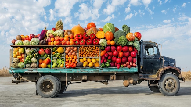 Un camion chargé d'une abondance de fruits et légumes frais