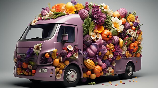 un camion chargé de fleurs colorées dessinées à la main