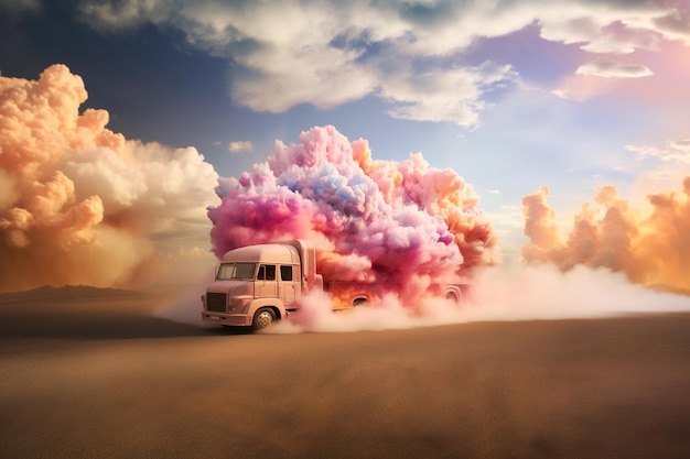 Photo un camion chargé de nuages pastel moelleux conduisant sur une route offre un cadeau d'espoir, de rêves et de pensée positive, d'imagination et d'inspiration, un conte de fées onirique