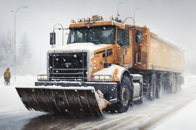 Camion chasse-neige nettoyant une route enneigée dans une tempête de neige Chute de neige sur l'allée Art généré par un réseau de neurones