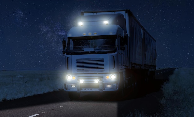 Camion sur une chaussée sur fond de ciel étoilé