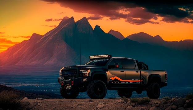 Un camion Chevy noir avec des montagnes en arrière-plan