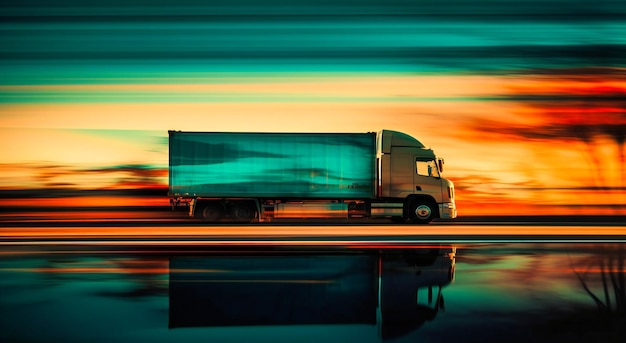 Un camion circulant sur l'autoroute au coucher du soleil