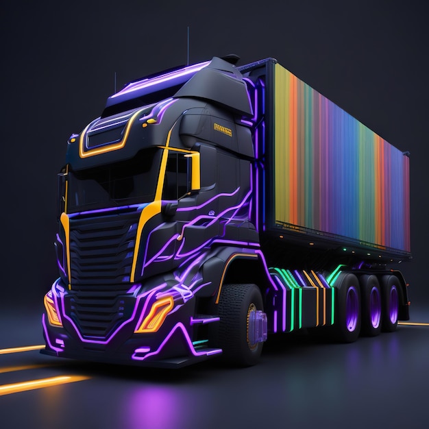 Un camion coloré avec des rayures fluo sur le devant.