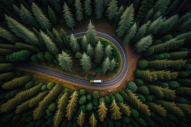 Camion conduisant par la route de l'autoroute entre la forêt verte Vue de dessus Ai générative