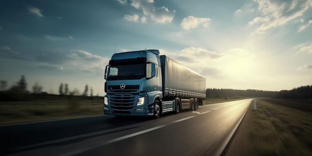 Camion conduisant sur la route avec un beau paysage flou d'arrière-plan AI générative