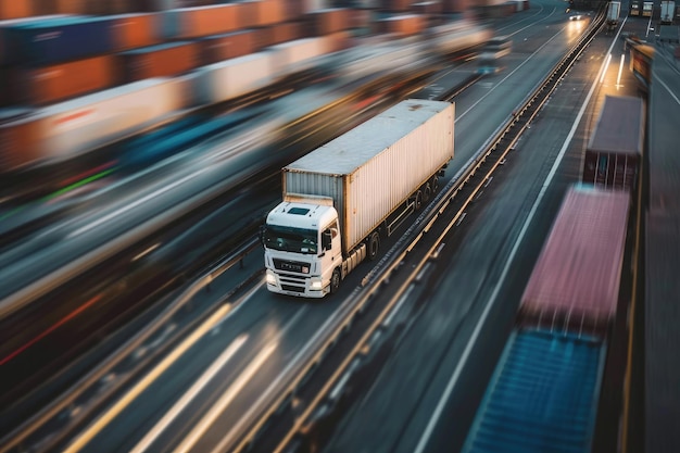 Camion avec conteneur sur le concept de transport de marchandises sur autoroute Livraison rapide mouvement flou