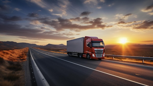 Un camion à conteneurs sur l'autoroute au coucher du soleil bleu