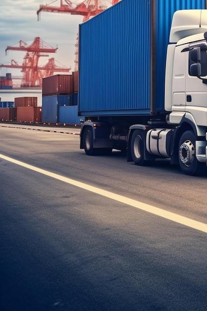 camion de conteneurs dans le port du navire pour la logistique commerciale et le transport de navires de cargaison de conteneurs et