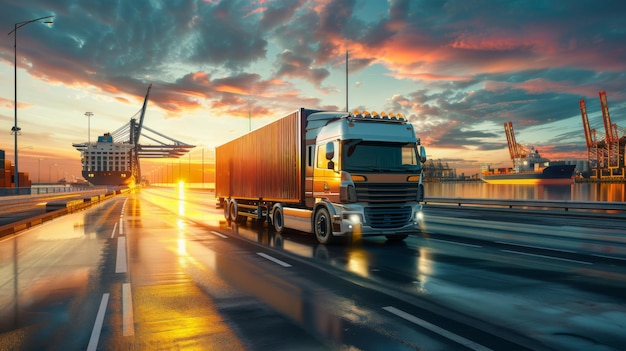 Photo camion à conteneurs dans le port de navire pour les affaires logistique et transport de conteneurs navire de fret et fret