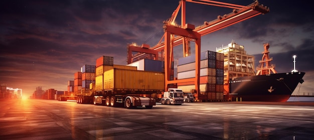 Camion à conteneurs dans le port de navire pour les affaires Logistique et transport de conteneurs Navire de fret