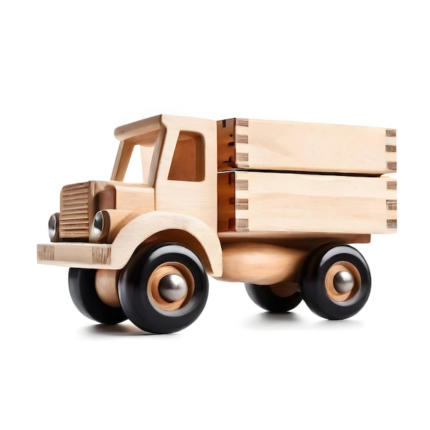 Un camion de couleur bois avec une boîte de couleur bois à l'avant sur un fond blanc