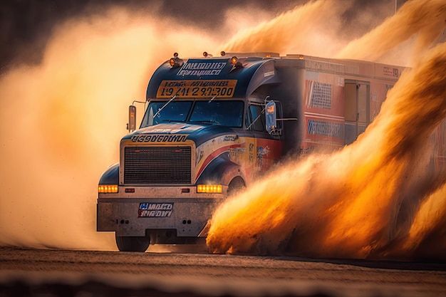 Un camion de course enflammé dépasse les flammes et la fumée lors d'un rallye enflammé