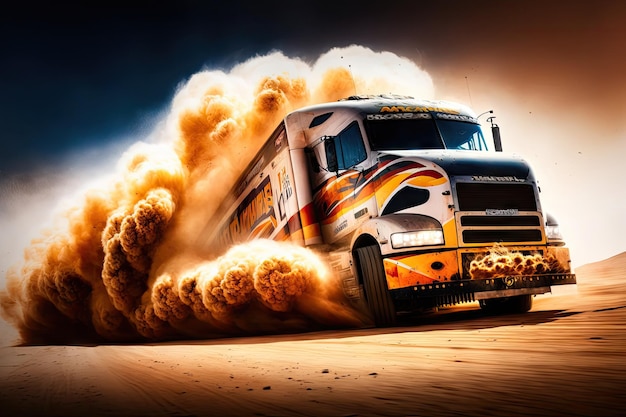 Un camion de course enflammé dépasse les flammes et la fumée lors d'un rallye enflammé