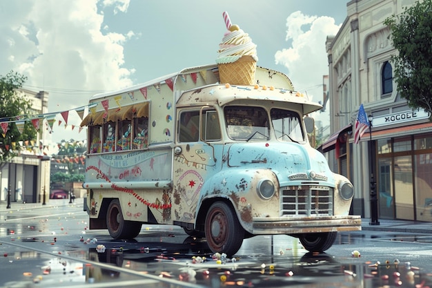 Un camion de crème glacée de style vintage décoré de drapeaux