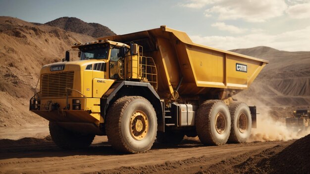 Photo camion de décharge de charge de travail roche et matériaux sur le site d'extraction