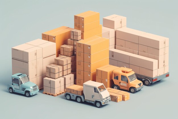 Camion déchargeant des boîtes en carton à l'entrepôt rendu 3D