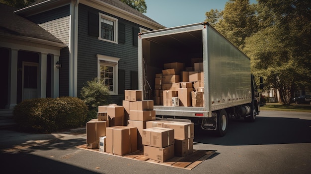 Un camion de déménagement ouvert rempli de boîtes de carton dans l'allée d'une maison de banlieue