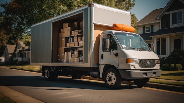 Un camion de déménagement ouvert rempli de boîtes de carton dans l'allée d'une maison de banlieue