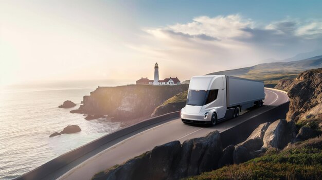 Un camion électrique autonome futuriste sur une route côtière pittoresque près d'un phare pendant l'heure d'or