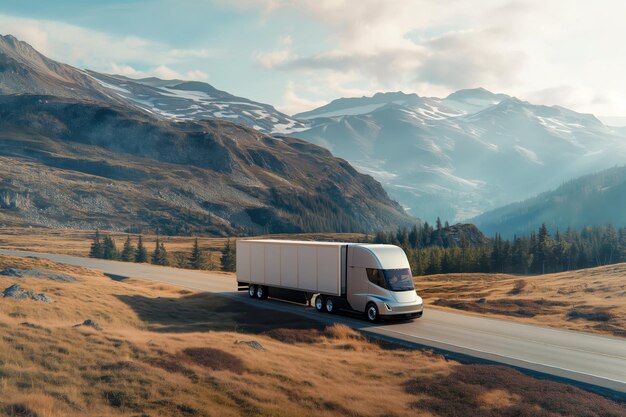 Un camion électrique moderne autonome voyage sur une route de montagne pittoresque baignée par la lumière dorée du coucher du soleil.