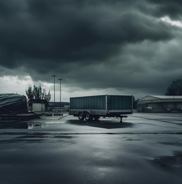 Un camion est garé dans un parking humide avec un ciel sombre en arrière-plan.