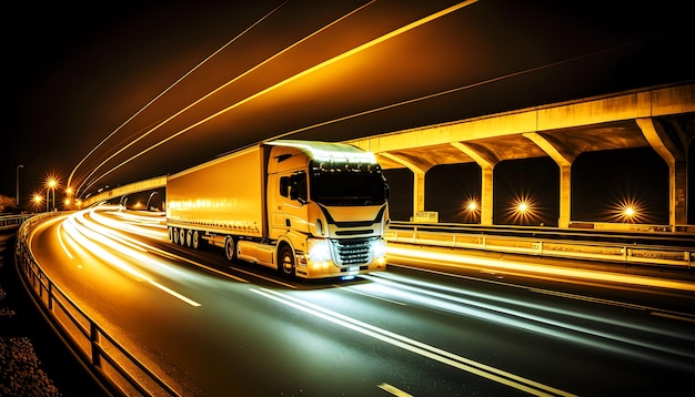 Camion européen blanc exécuté sur l'autoroute de nuit illustration ai générative