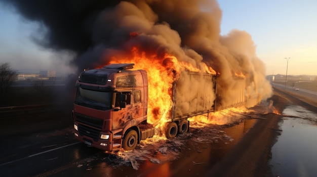 Camion en feu sur l'autoroute Vue aérienne d'un accident de voiture