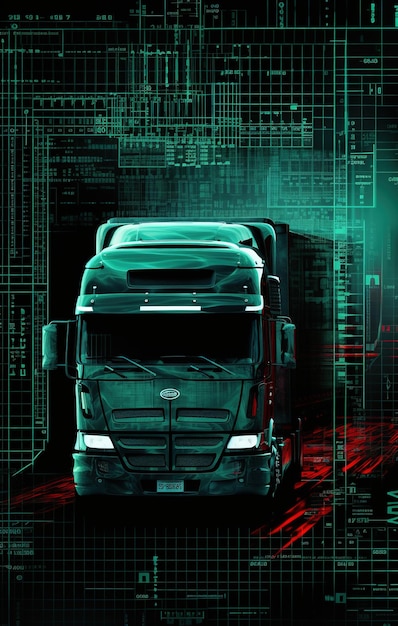 un camion avec un fond vert et une image numérique rouge et bleue