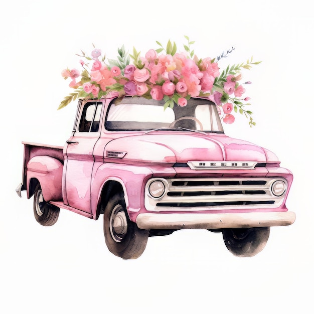 Un camion Ford rose avec des fleurs à l'arrière