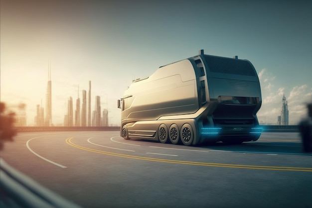 Un camion de fret futuriste autonome livre des marchandises à l'entrepôt sur l'autoroute de la ville