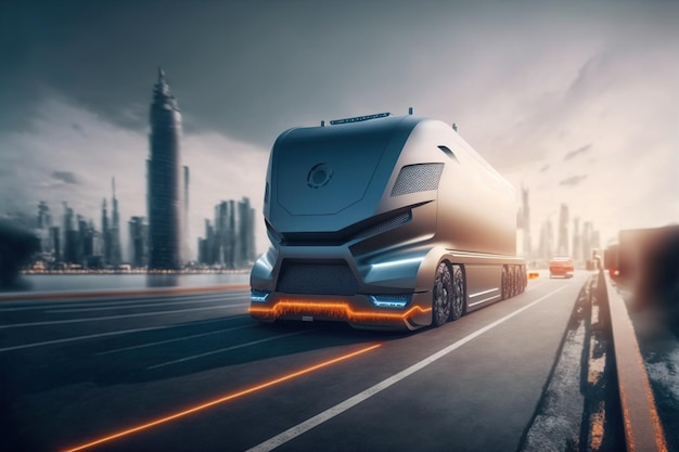 Un camion de fret futuriste autonome livre des marchandises à l'entrepôt sur l'autoroute de la ville