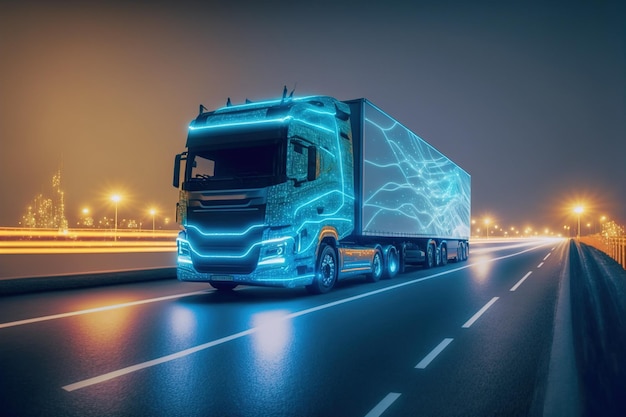 Un camion de fret futuriste autonome livre des marchandises à l'entrepôt sur l'autoroute de la ville