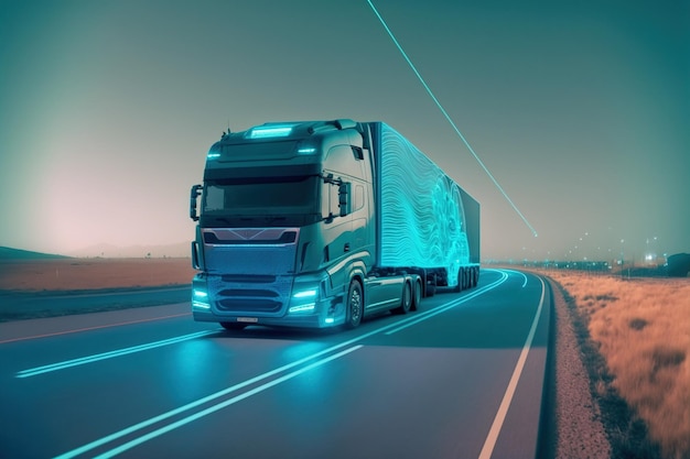 Un camion de fret futuriste autonome livre des marchandises à l'entrepôt sur l'autoroute de la ville