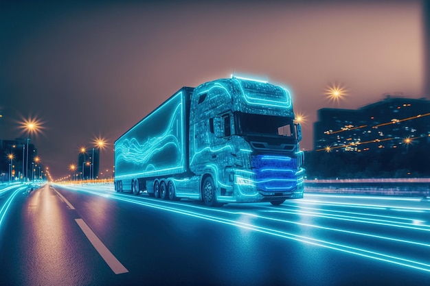 Un camion de fret futuriste autonome livre des marchandises à l'entrepôt sur l'autoroute de la ville