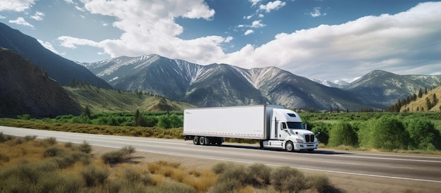 Photo un camion de fret logistique blanc sur la route avec de belles montagnes de nature et le ciel générer de l'ia