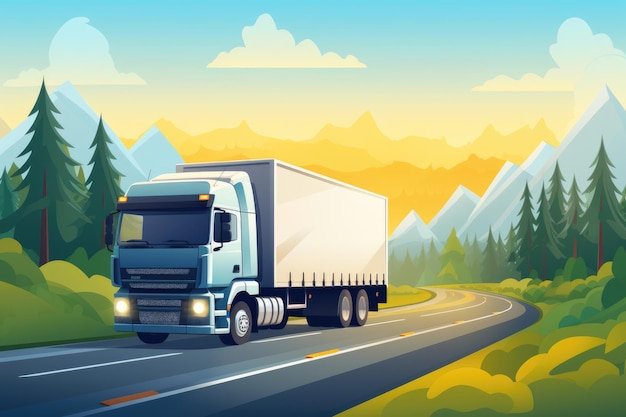 Camion de fret se déplaçant sur la route pour la livraison de conteneurs chargés sur le thème de la logistique et du transport