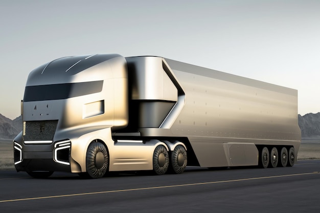 Un camion futuriste avec une carrosserie argentée et un toit noir.